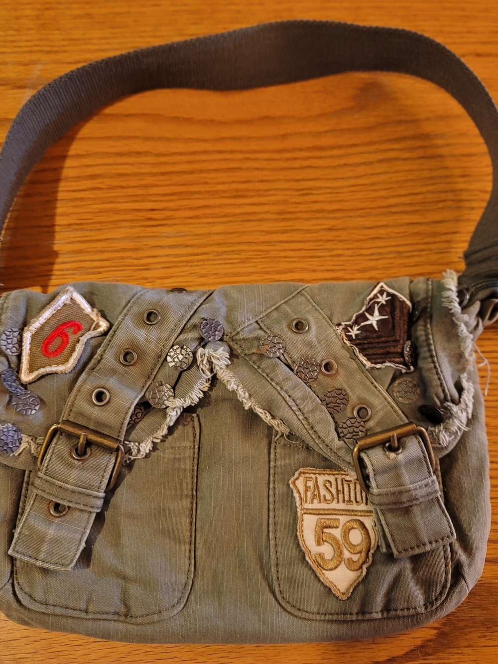 Vintage Y2K Olive Green Canvas Shoulder Bag with Patch Accents